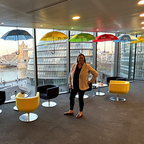 Jessica Tresham in WBD's London office with umbrella display